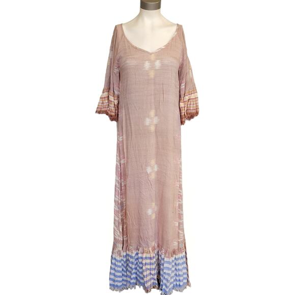 ERIKA PENA Tribal E Margarita Long Ikat maxi fringe ruffle dress in caffe XS NEW - Picture 1 of 9